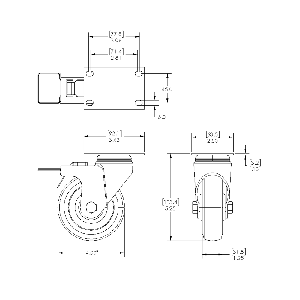 31-SPD4-7 MODULAR SOLUTIONS CASTER<br>4" SWIVEL TOP PLATE W/BRAKE & HARDWARE